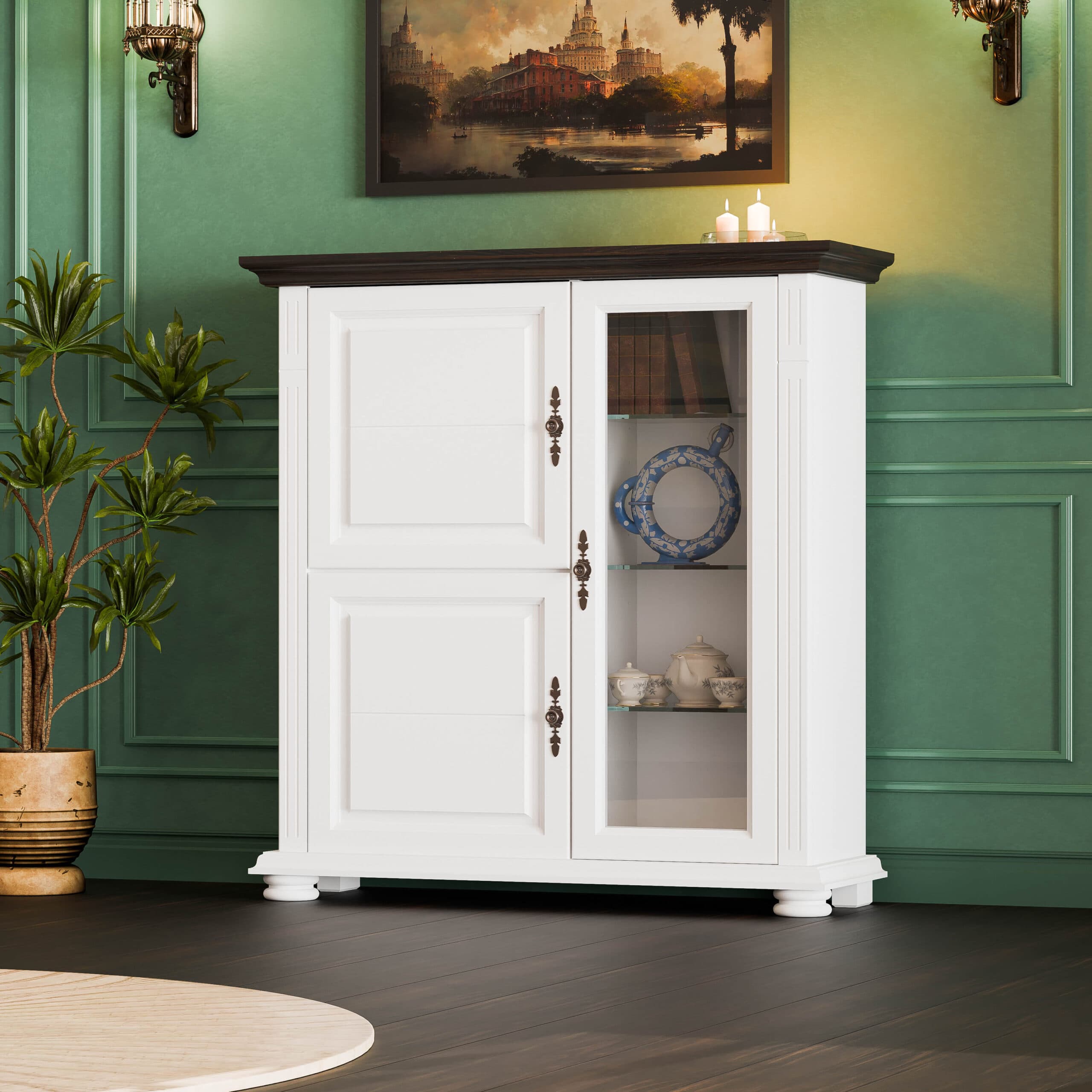 Kommode „Skagen“ mit Vitrine aus Massivholz und Glasablagen