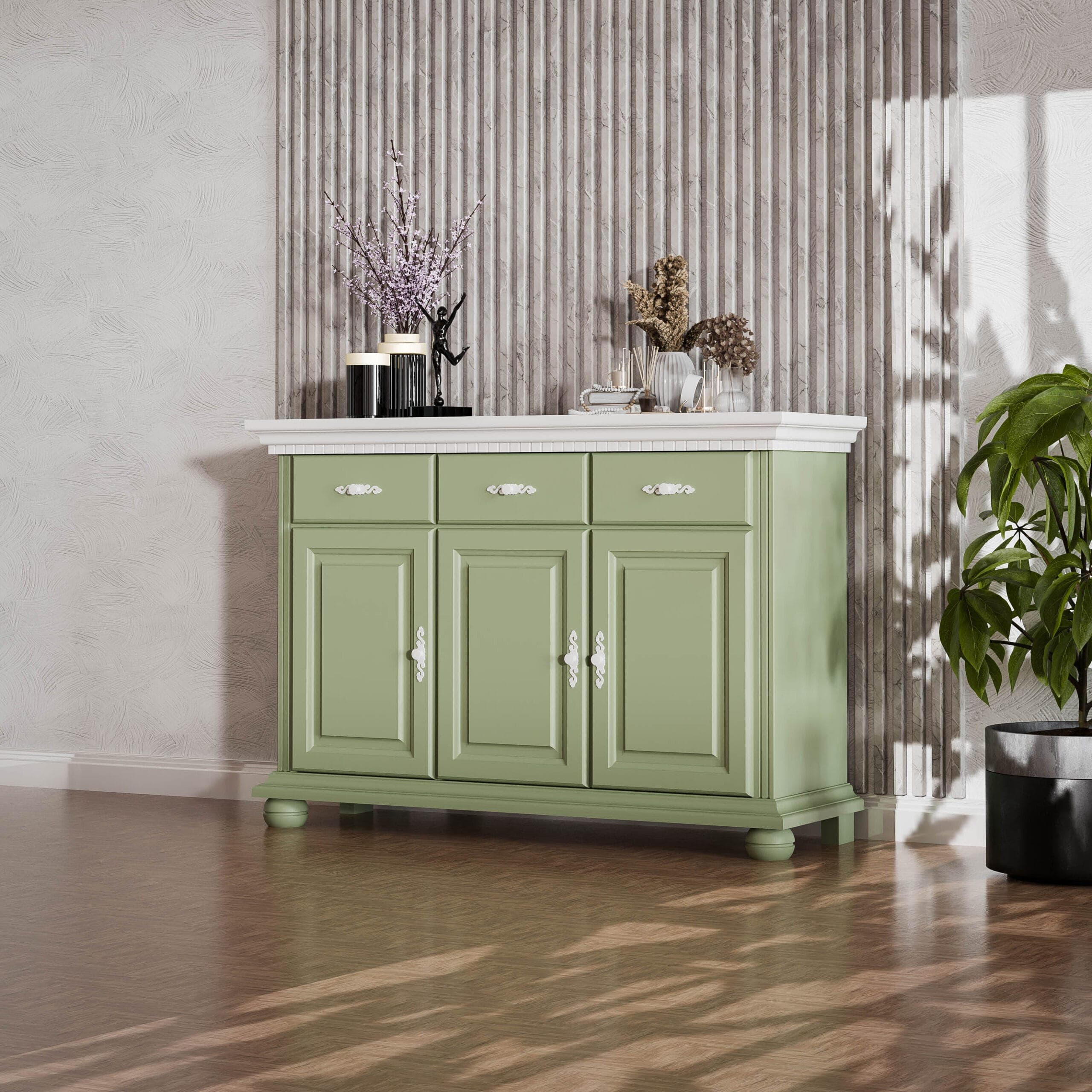 Massivholz-Sideboard Fjord Salbei, 3 Türen, 3 Schubladen