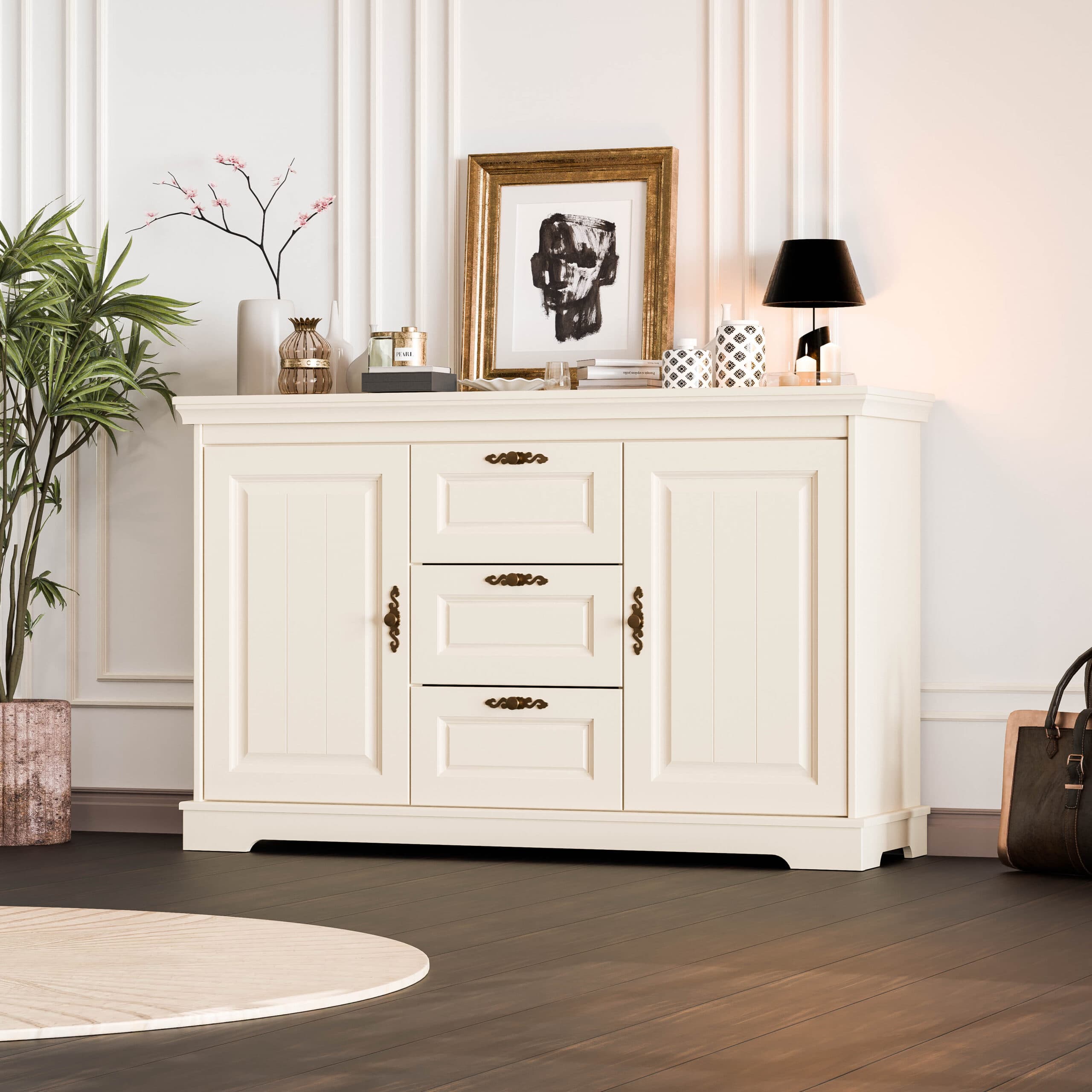 Massivholz-Kommode Linnea Vanille, 150 cm, 2 Türen und 3 Schubladen