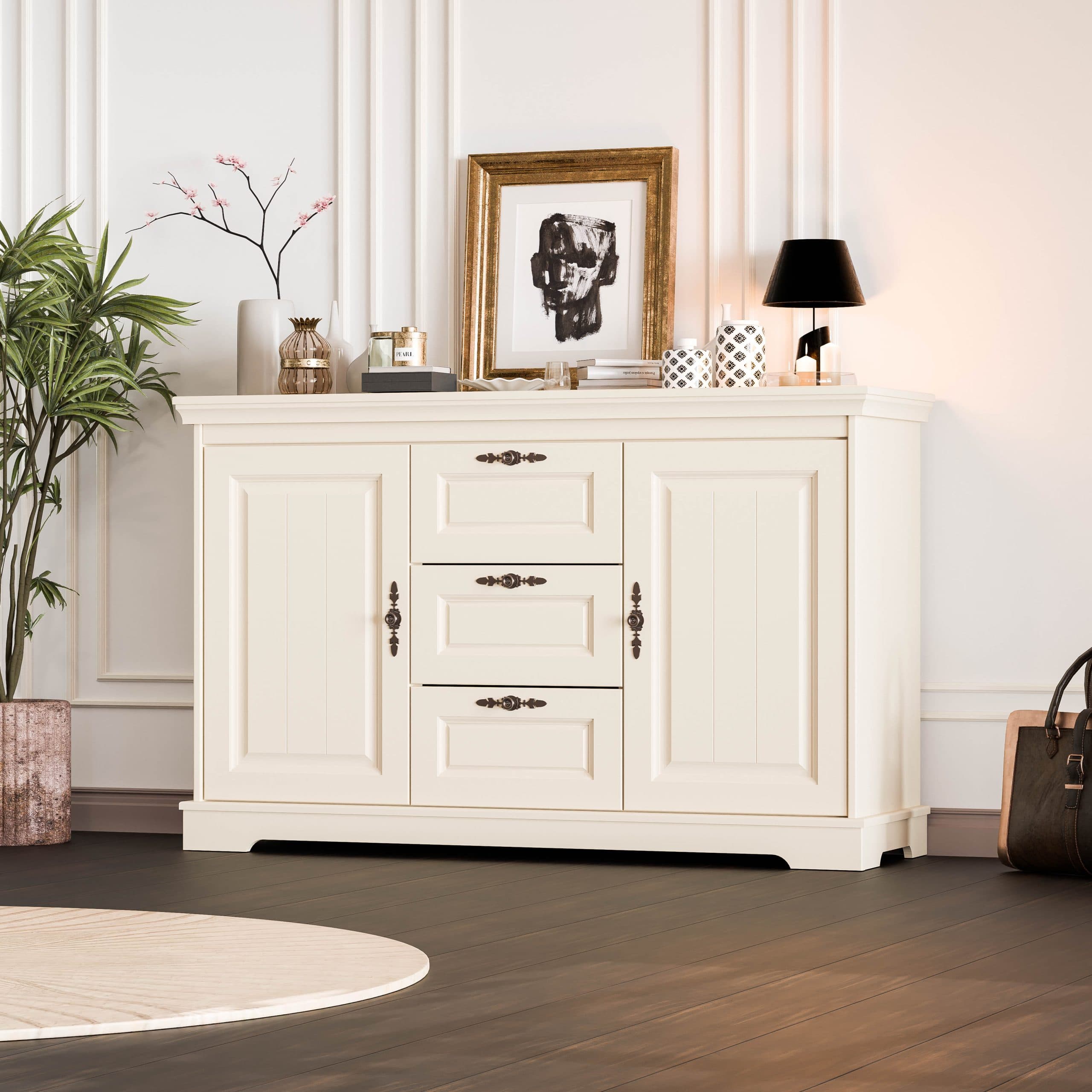 Massivholz-Kommode Linnea Vanille, 150 cm, 2 Türen und 3 Schubladen