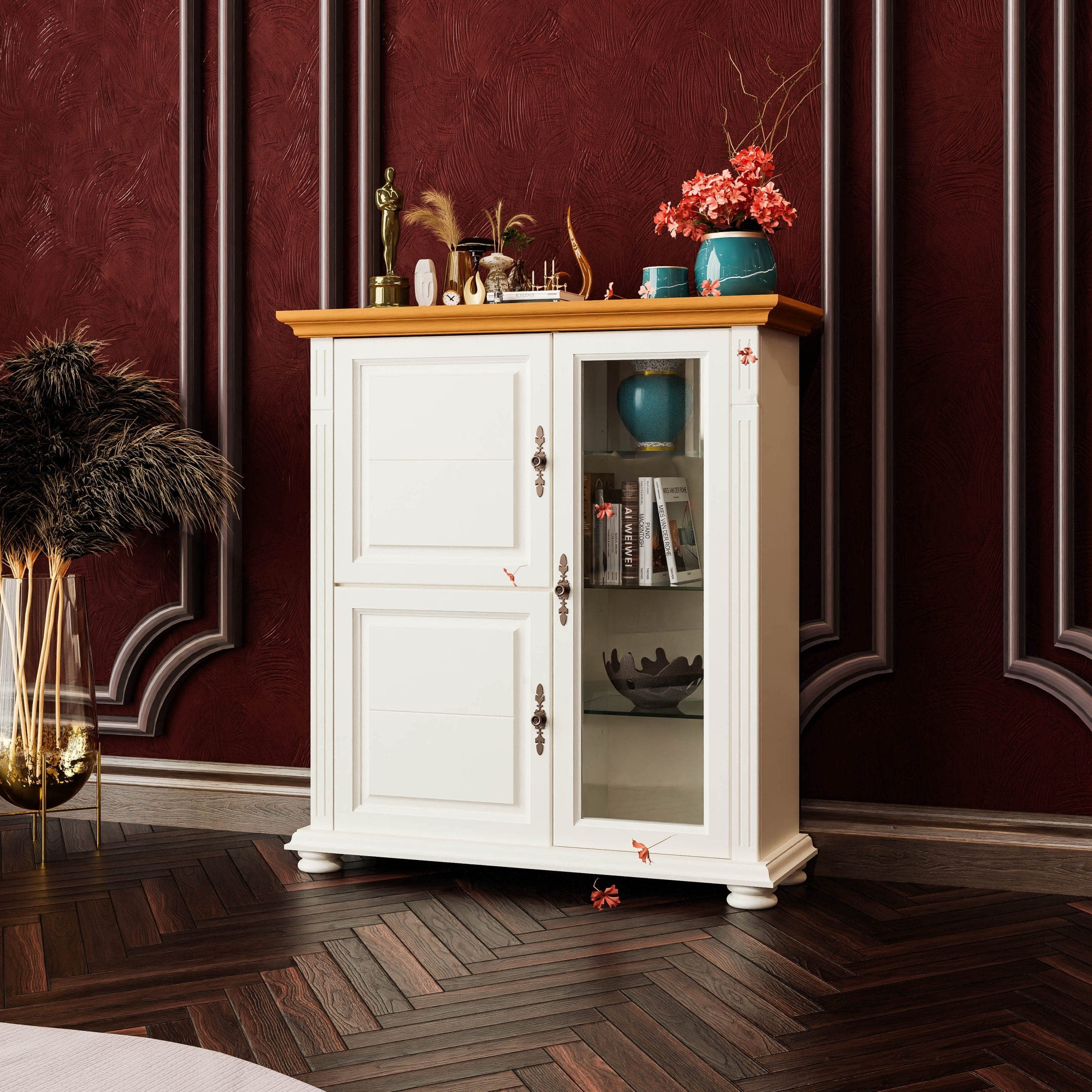 Kommode Skagen mit Vitrine aus Massivholz, Vanille
