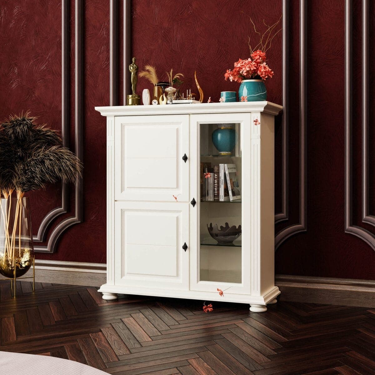 Kommode Skagen mit Vitrine aus Massivholz, Vanille