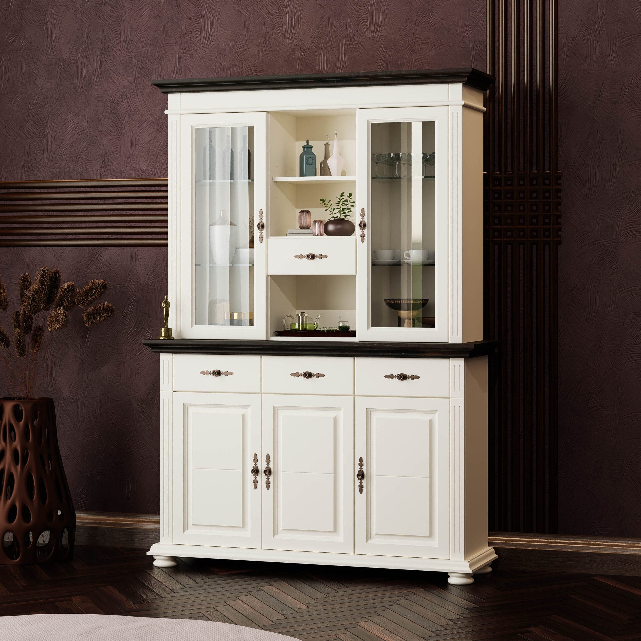 Massivholz-Sideboard „Skagen“ mit Vitrine in Vanille