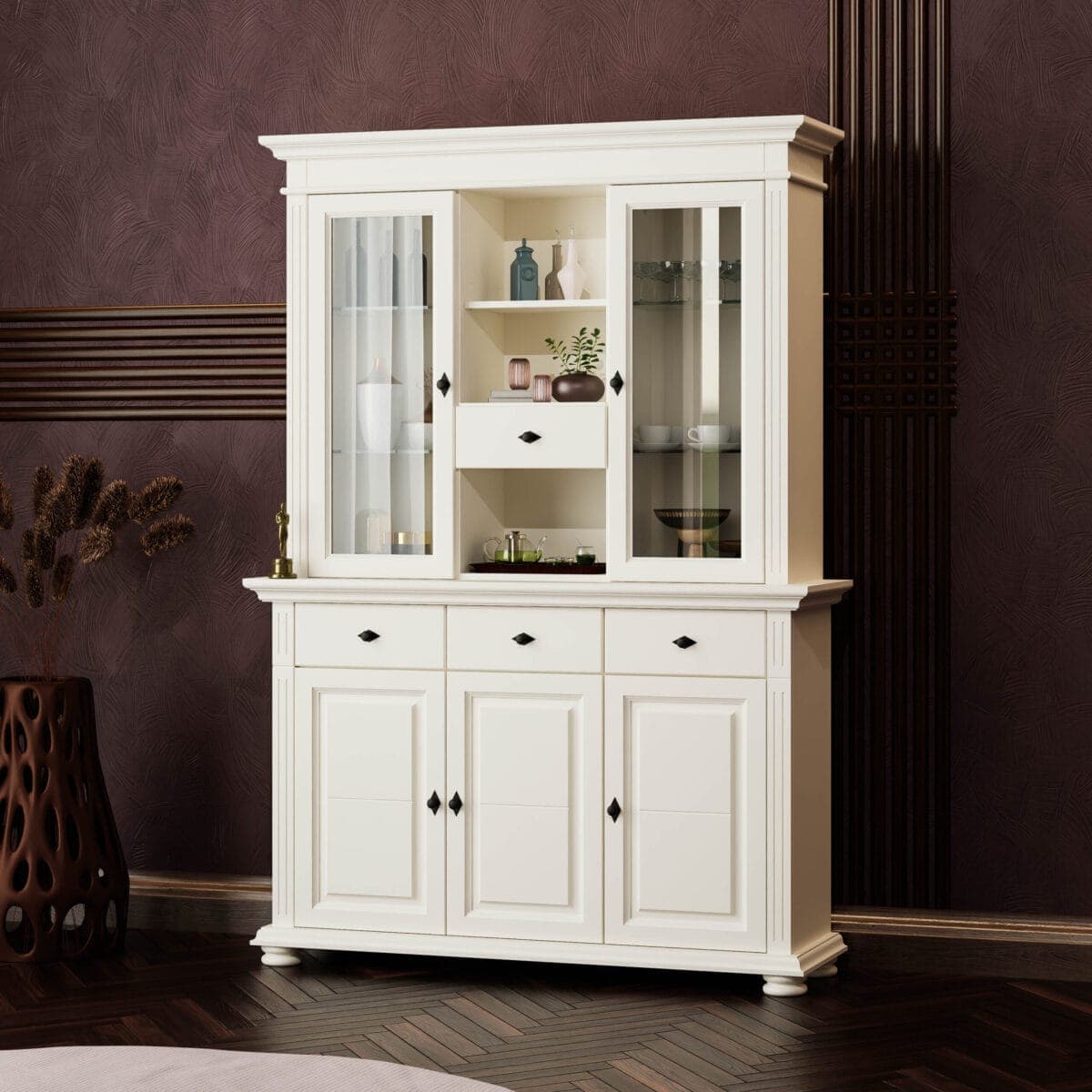 Massivholz-Sideboard „Skagen“ mit Vitrine in Vanille