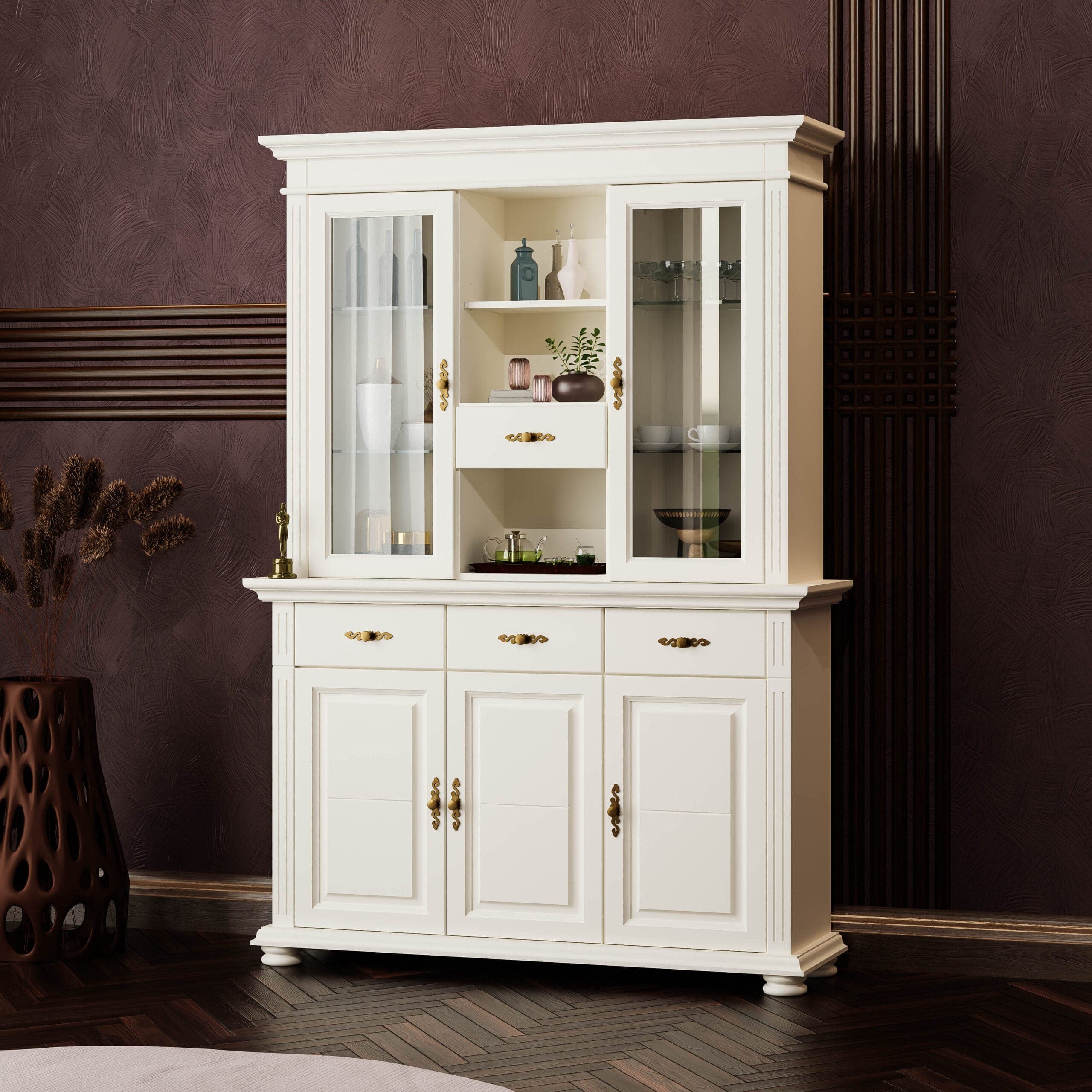Massivholz-Sideboard „Skagen“ mit Vitrine in Vanille