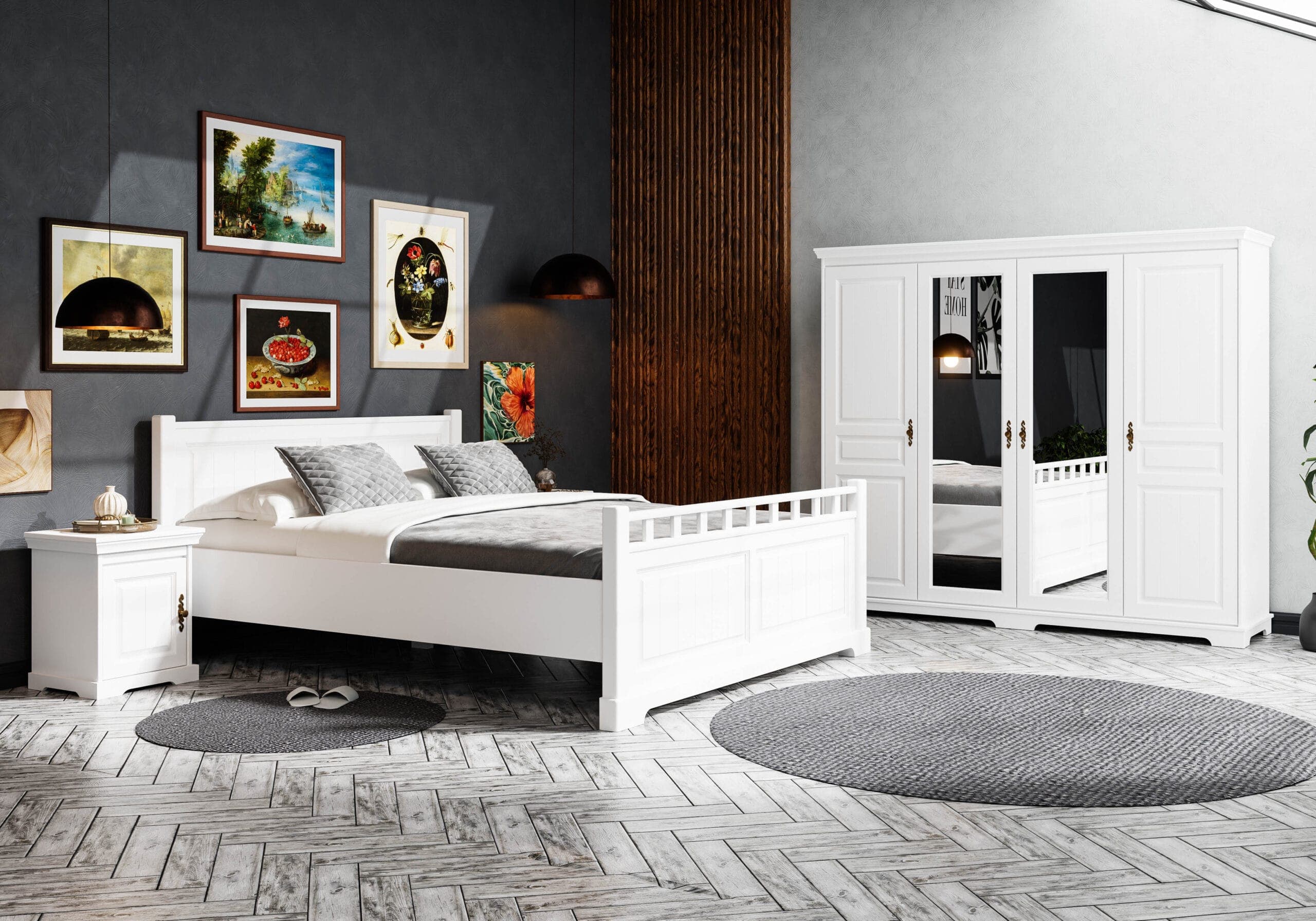 Schlafzimmer-Set „Linnea“ aus Massivholz mit Spiegeltüren