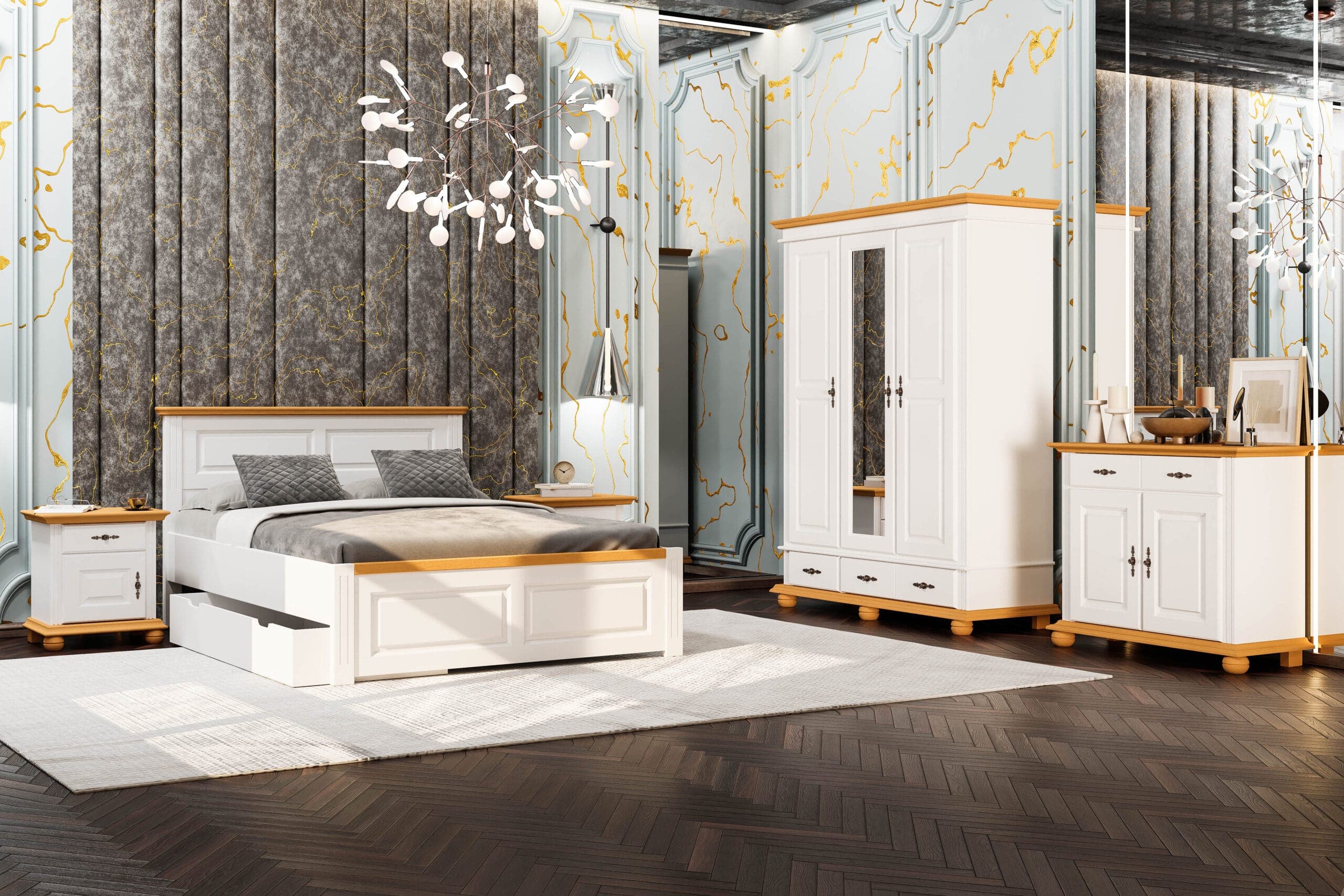 Schlafzimmer Nordby 2 – Massivholzbett mit Bettkasten & Schrank