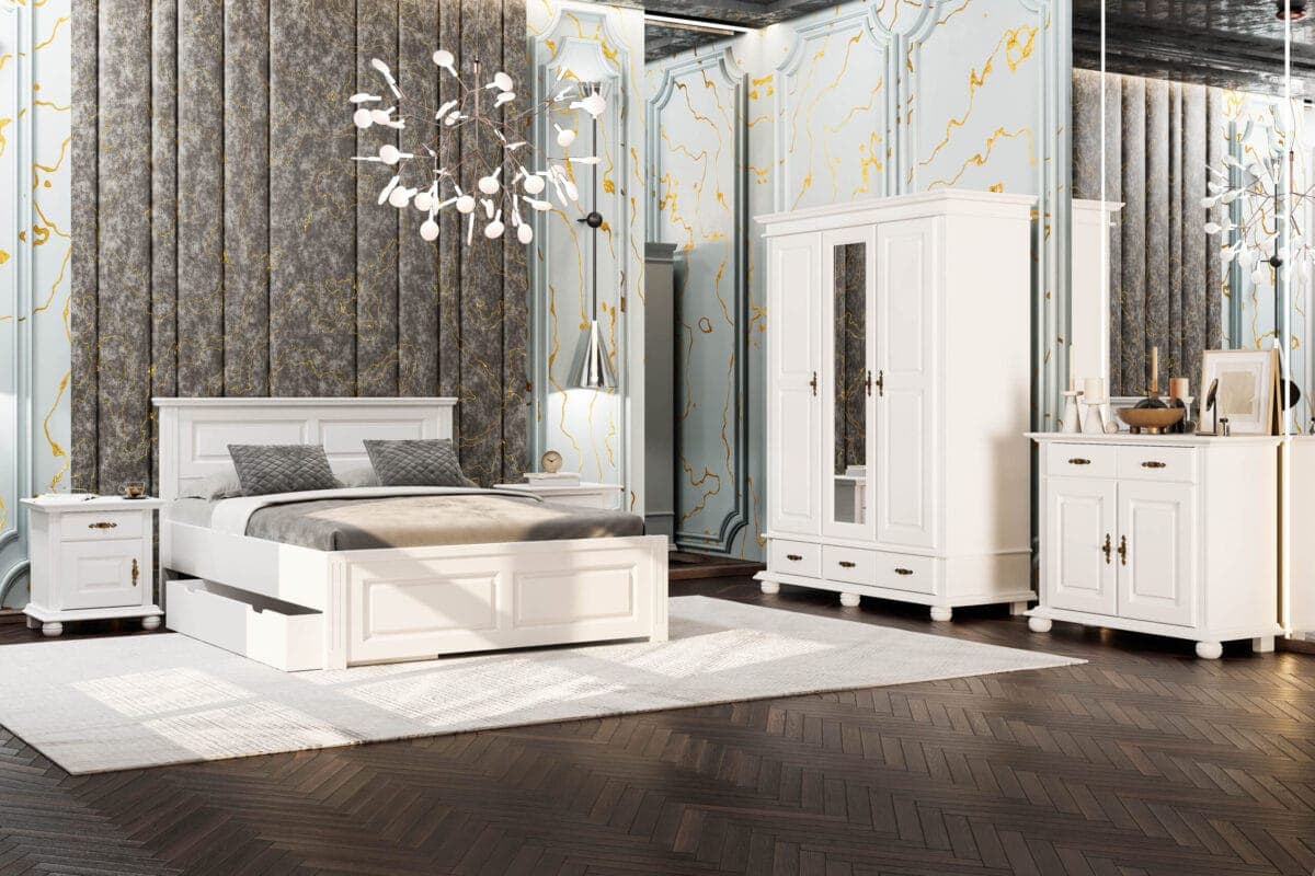 Schlafzimmer Nordby 2 – Massivholzbett mit Bettkasten & Schrank