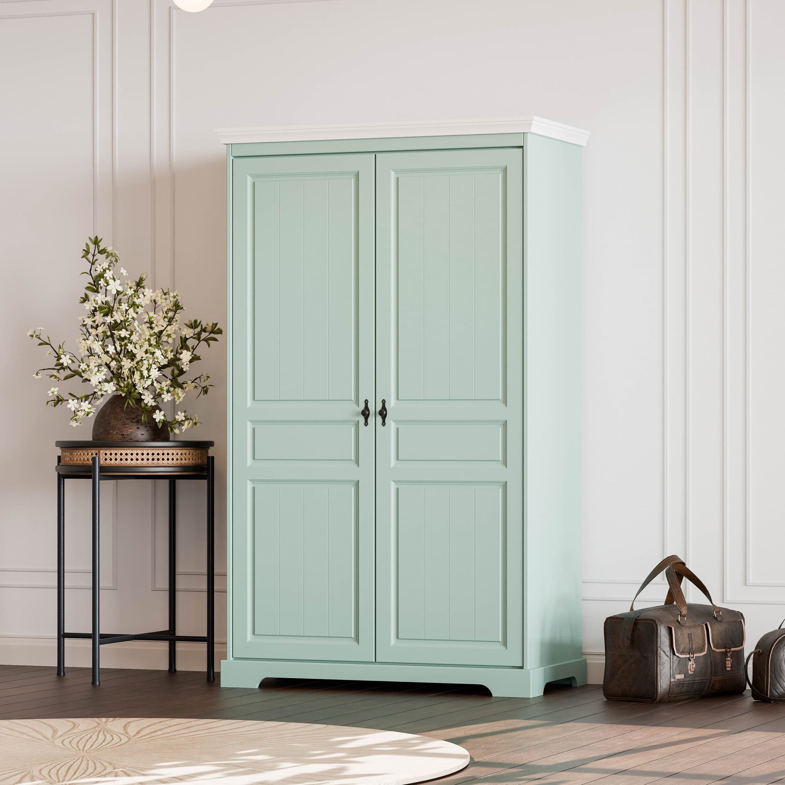 2-türiger Massivholzschrank Linnea in Pastell-Türkis