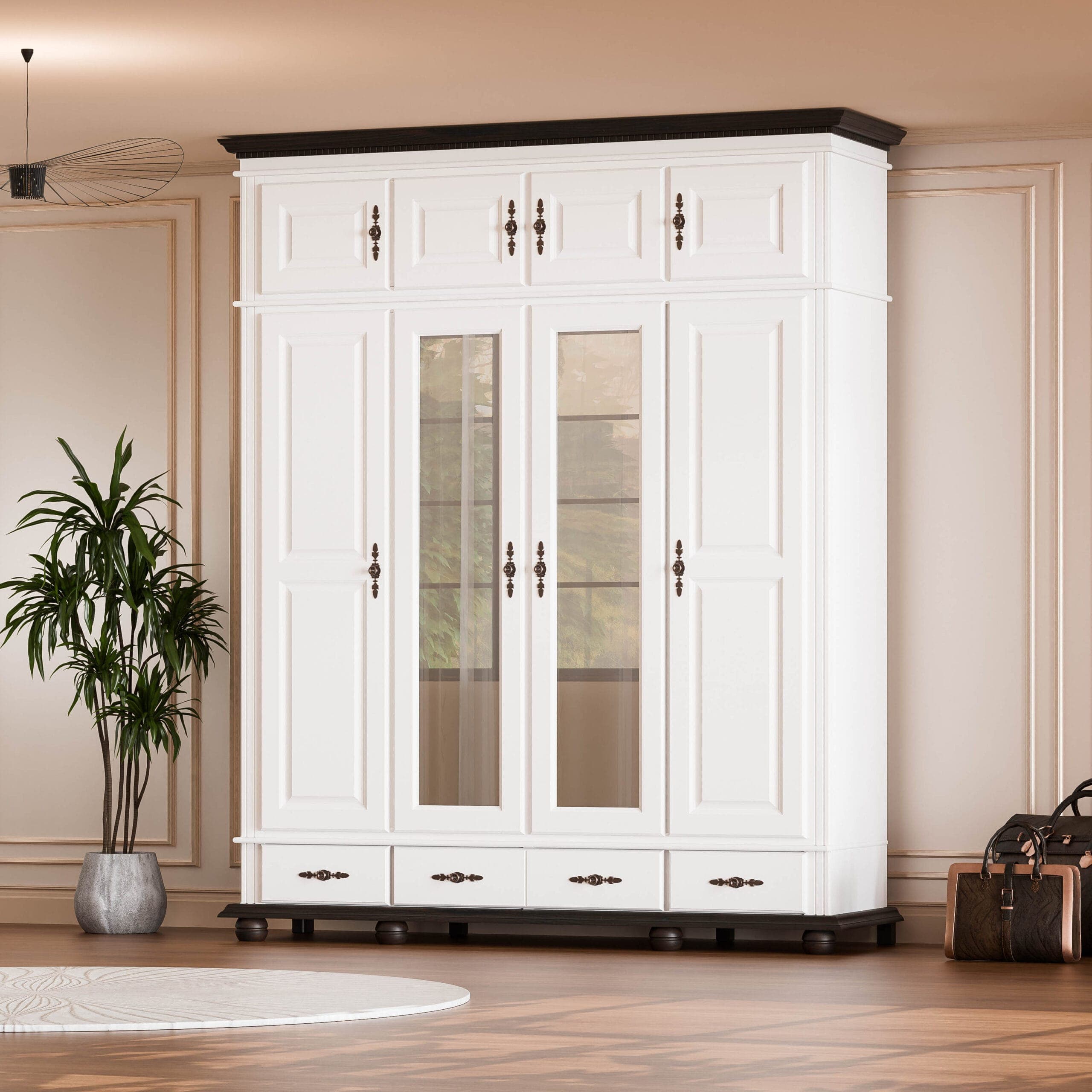 4-türiger Massivholzschrank „Fjord“ mit Schubladen und Aufsatz