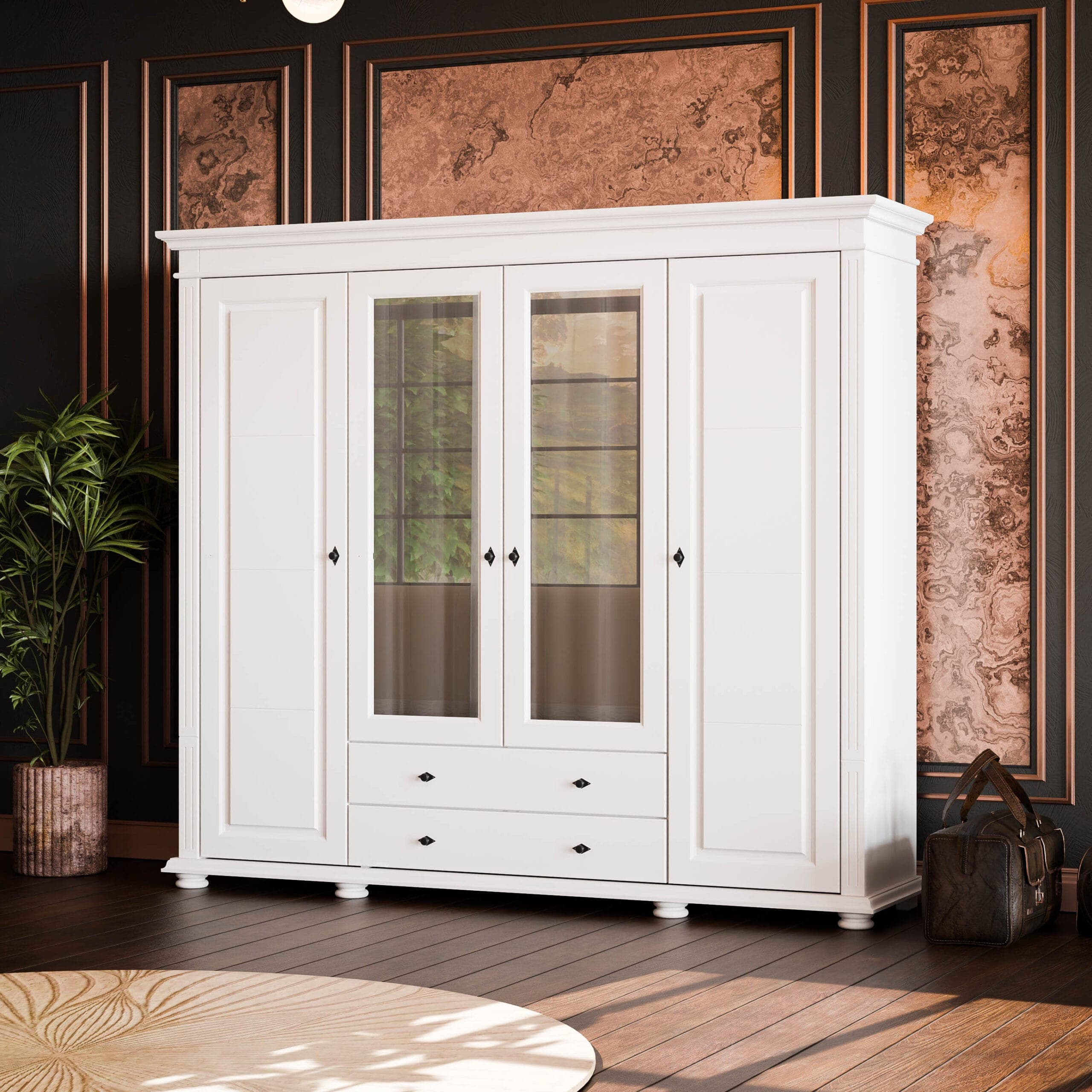 Massivholzschrank „Skagen“ mit 4 Türen, Spiegel und 2 Schubladen