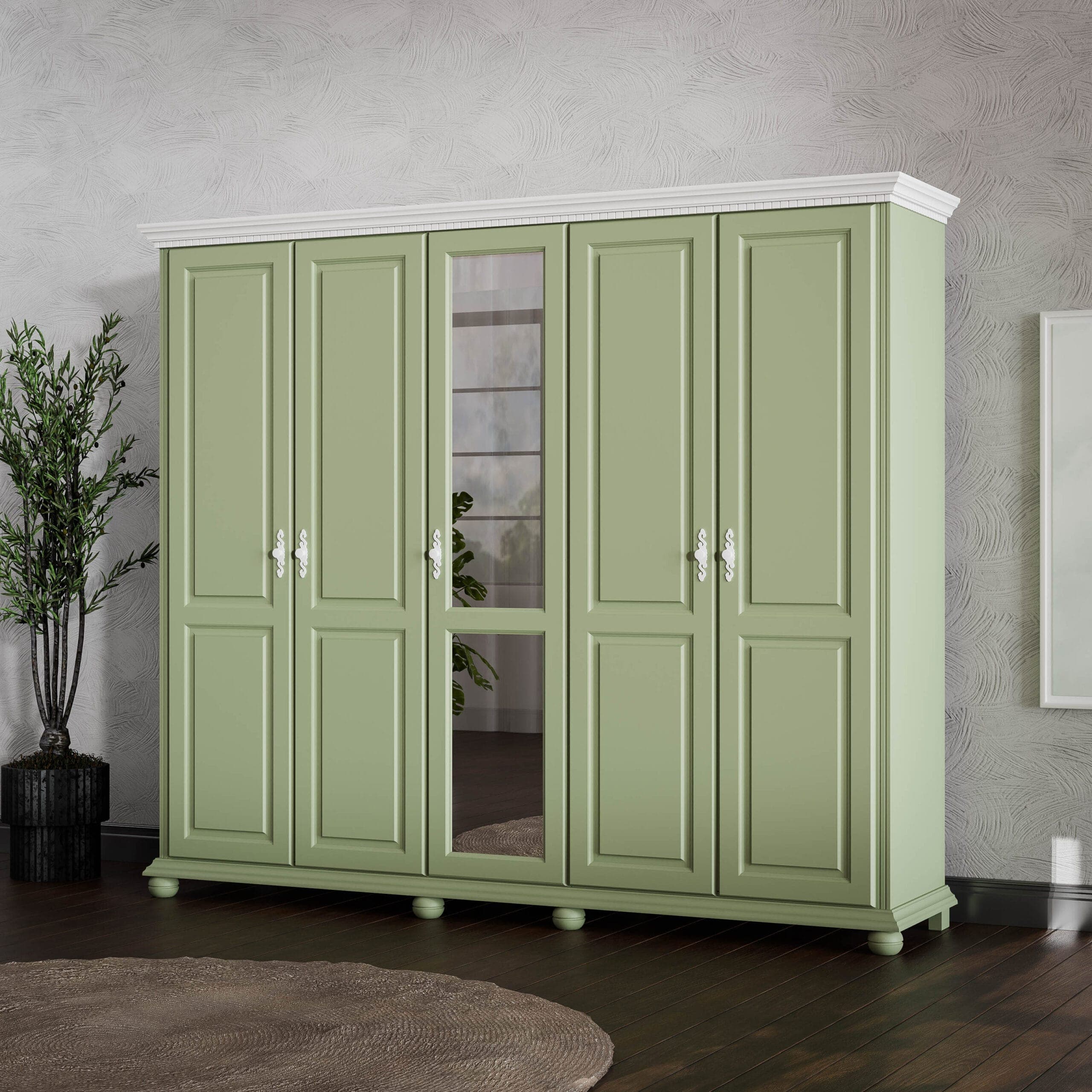 Massivholz-Kleiderschrank Fjord Salbei, 5 Türen, 260 cm
