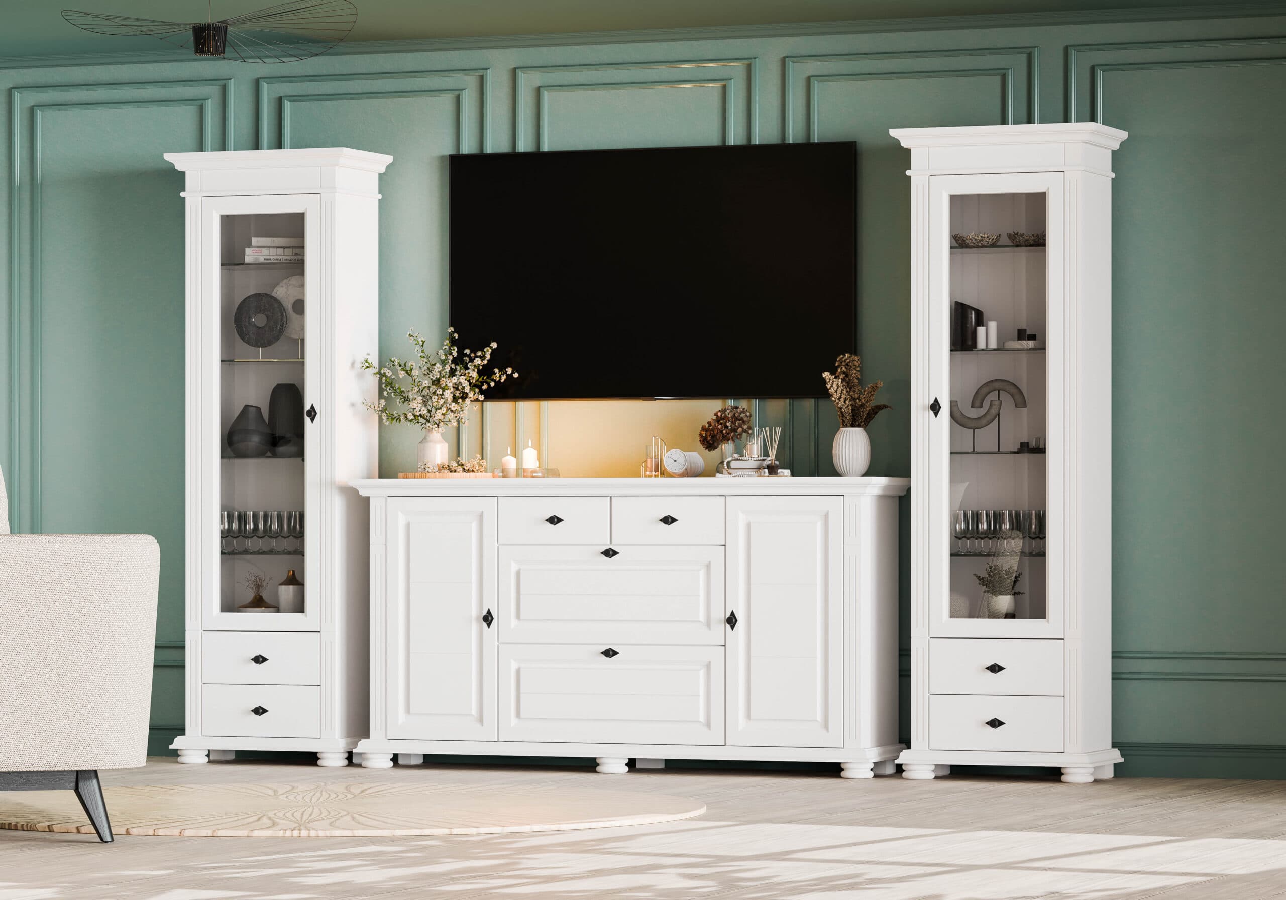 Wohnzimmer-Set Skagen 5 aus Massivholz mit Vitrinen