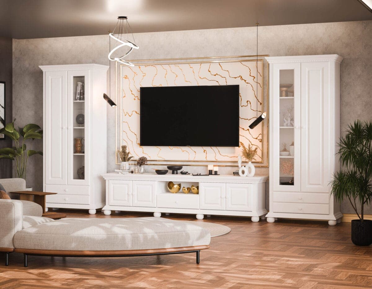 Wohnzimmer Fjord 220 aus Massivholz mit eleganten Vitrinen