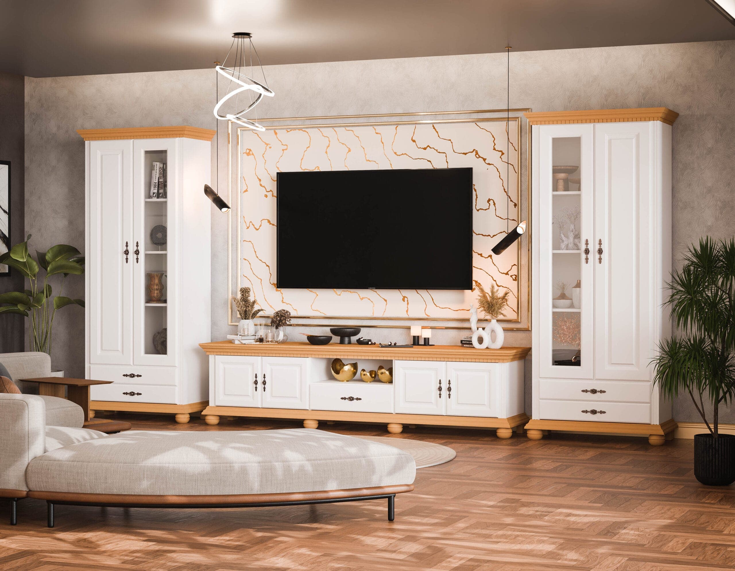 Wohnzimmer Fjord 220 aus Massivholz mit eleganten Vitrinen