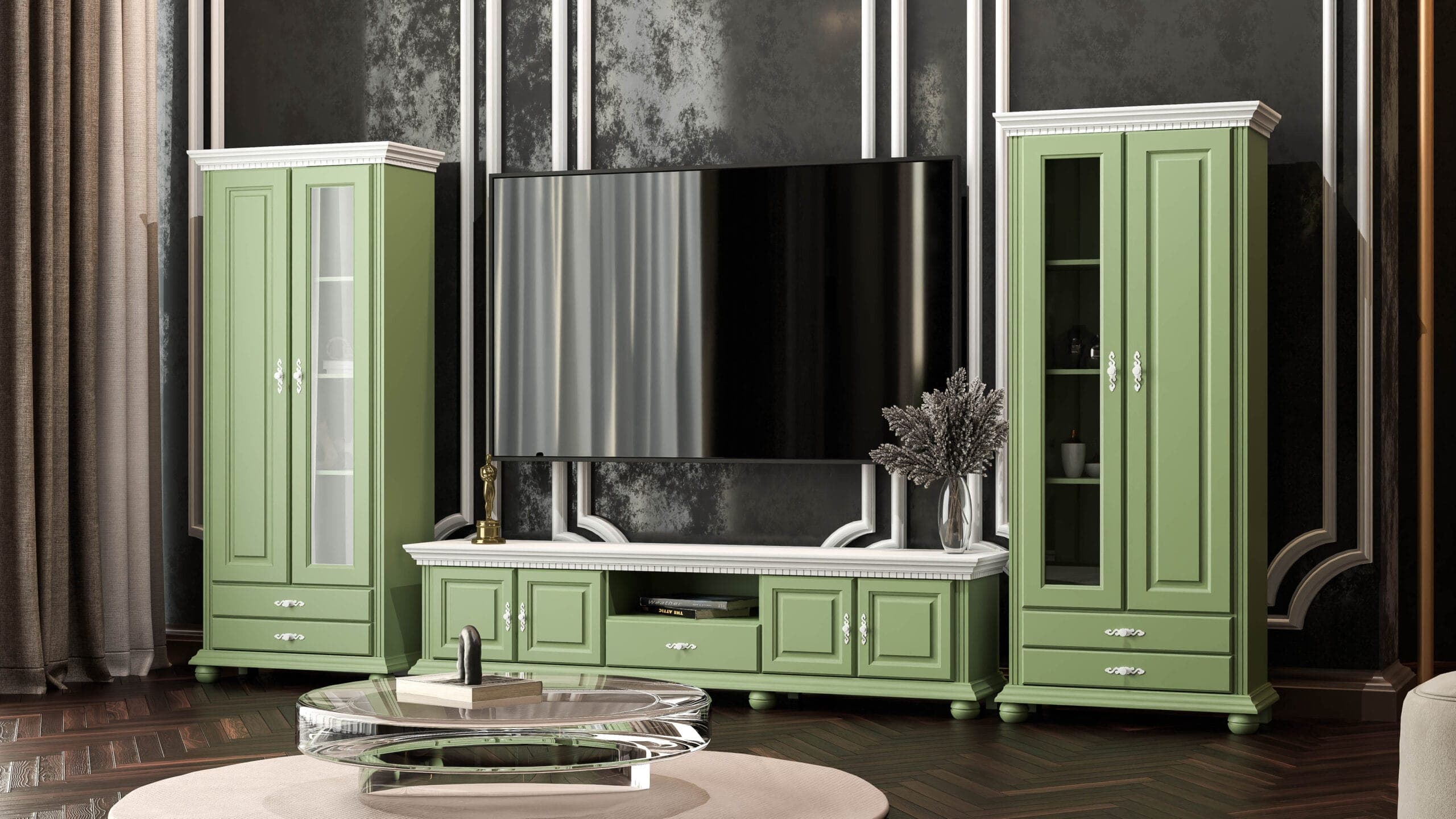 Wohnzimmer-Set Fjord Salbei mit Vitrinen 203 cm