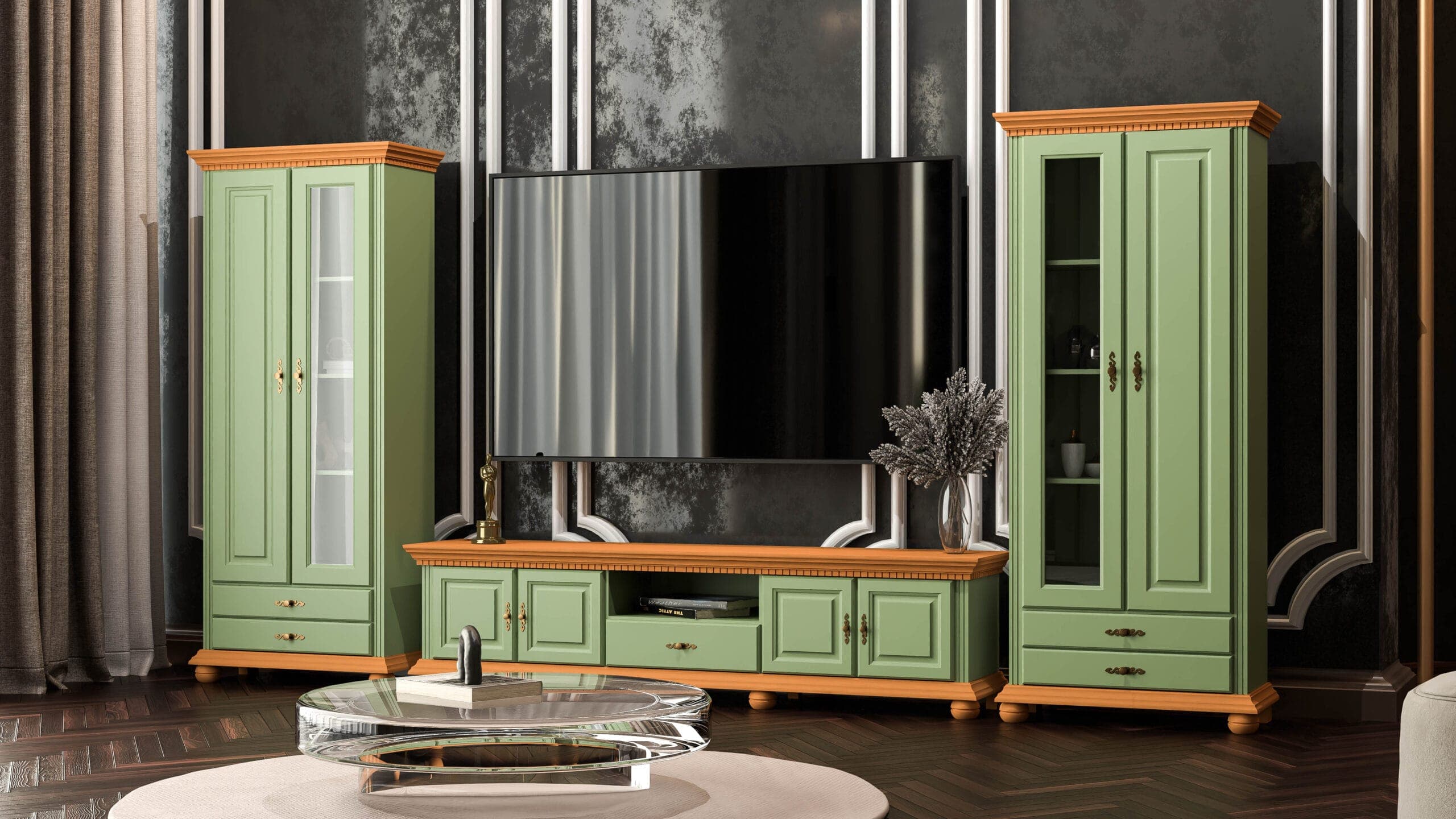 Wohnzimmer-Set Fjord Salbei mit Vitrinen 203 cm