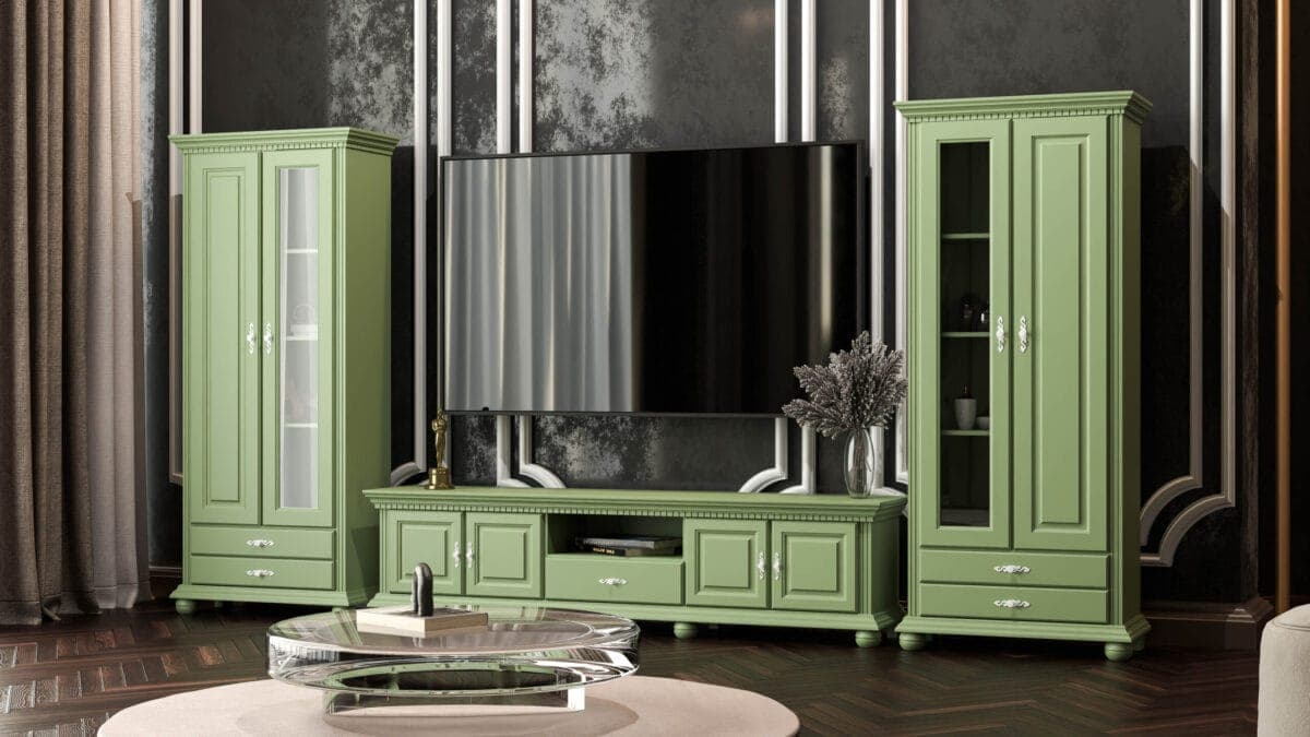 Wohnzimmer-Set Fjord Salbei mit Vitrinen 203 cm