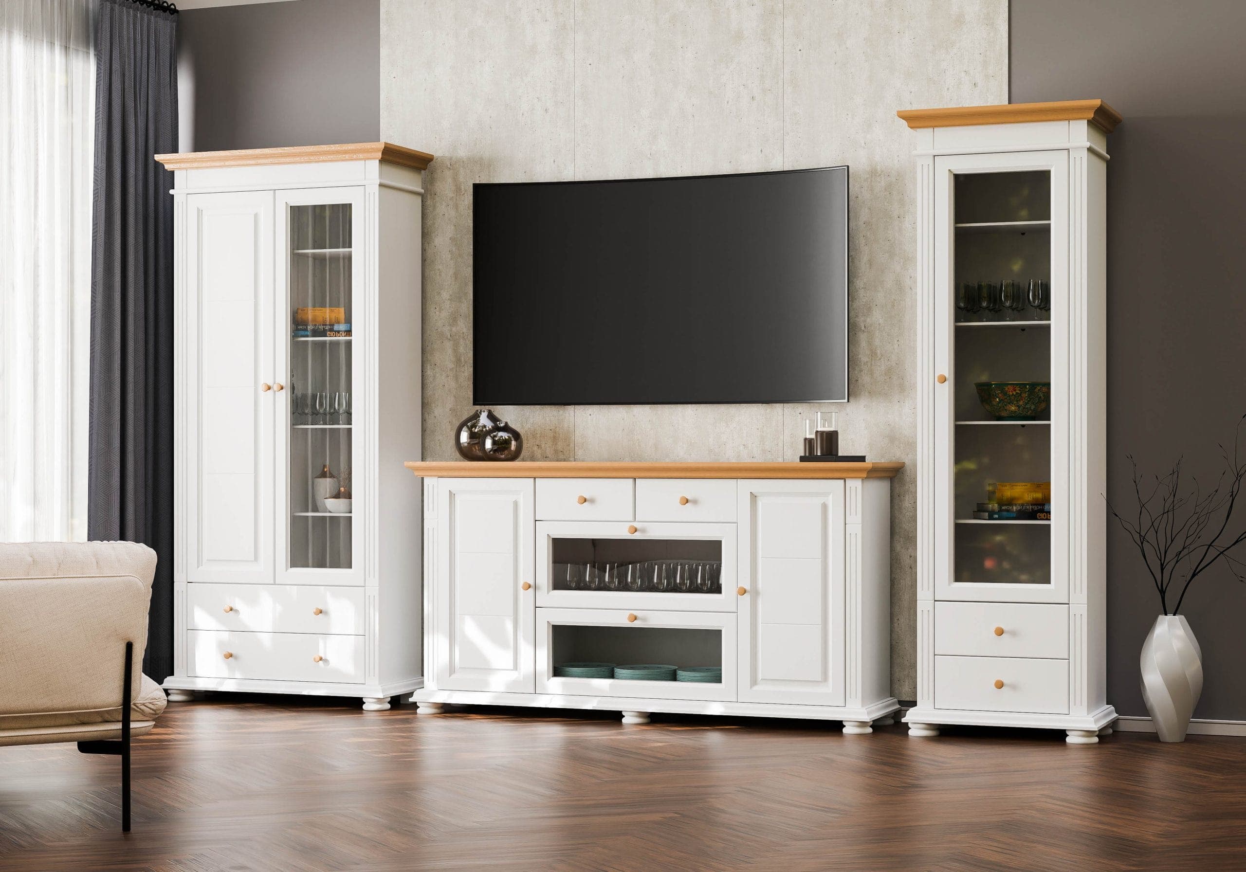 Wohnzimmer Skagen 6 aus Massivholz mit großer Vitrine