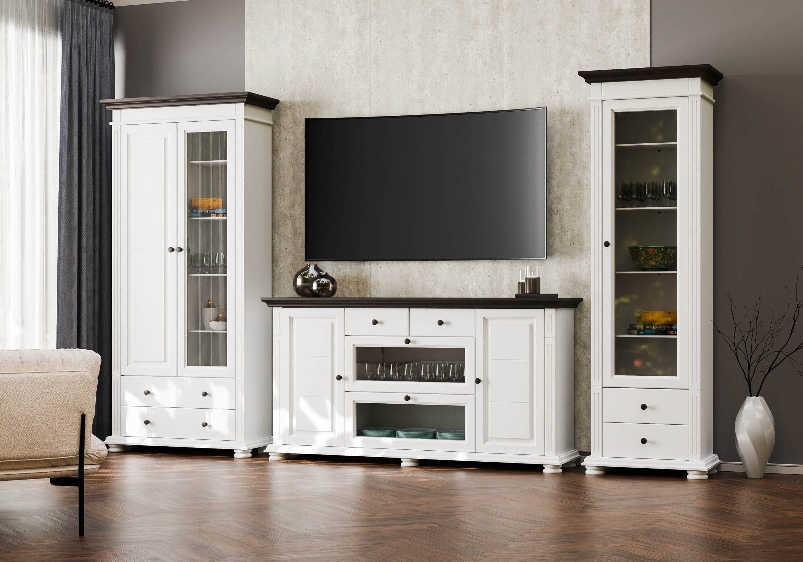 Wohnzimmer Skagen 6 aus Massivholz mit großer Vitrine