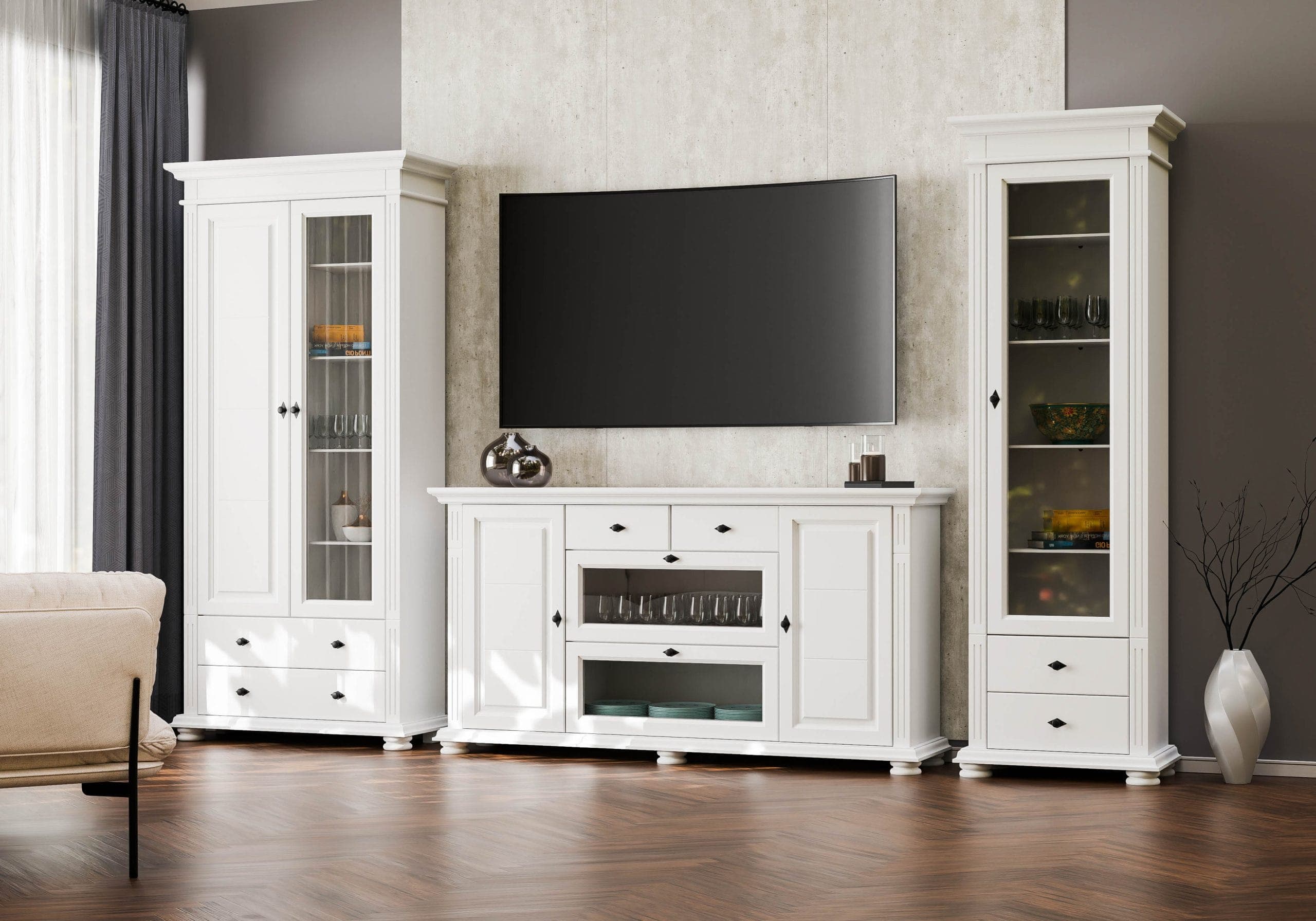 Wohnzimmer Skagen 6 aus Massivholz mit großer Vitrine