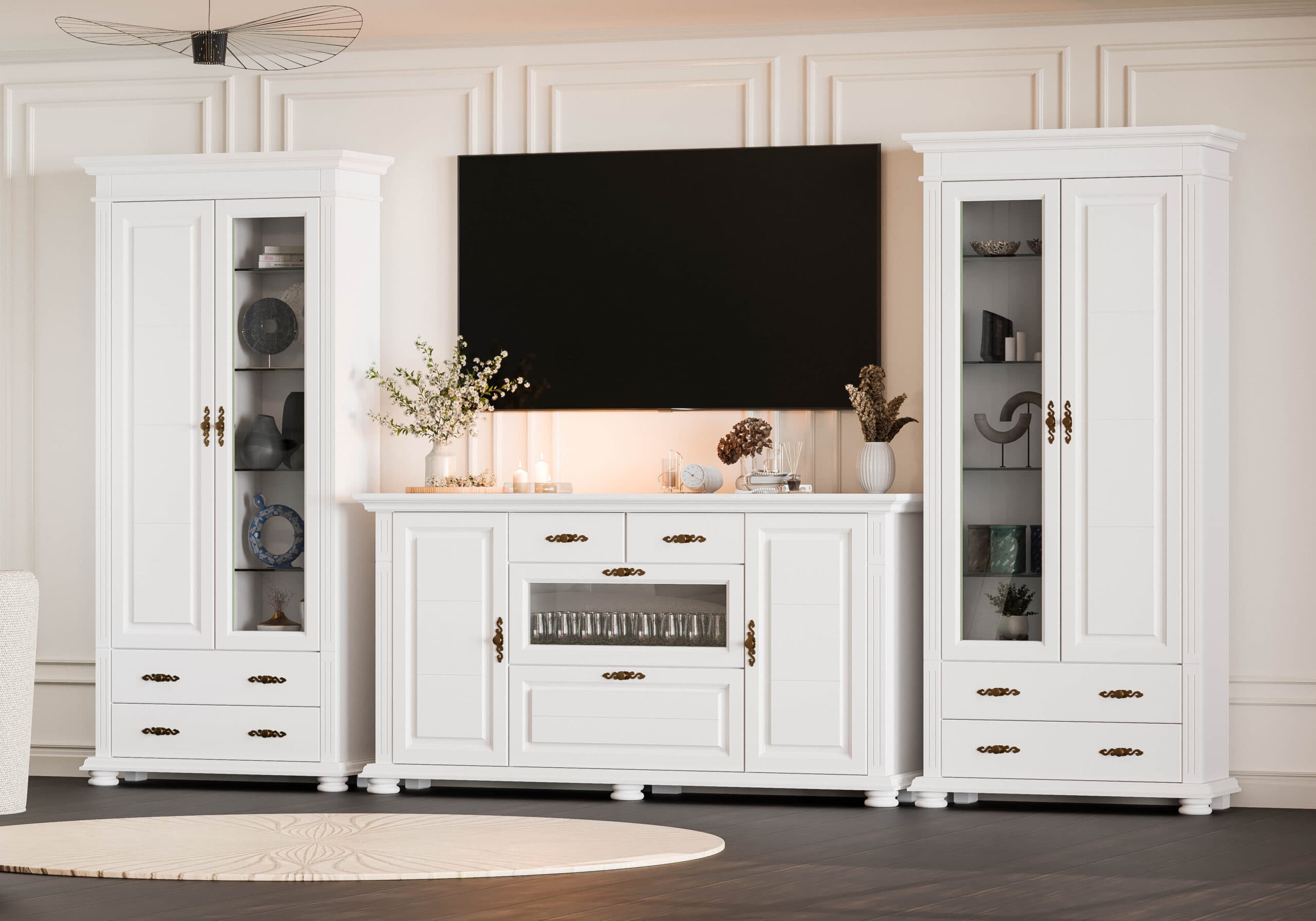 Massivholz-Wohnzimmer Skagen mit 2 Vitrinen und Kommode