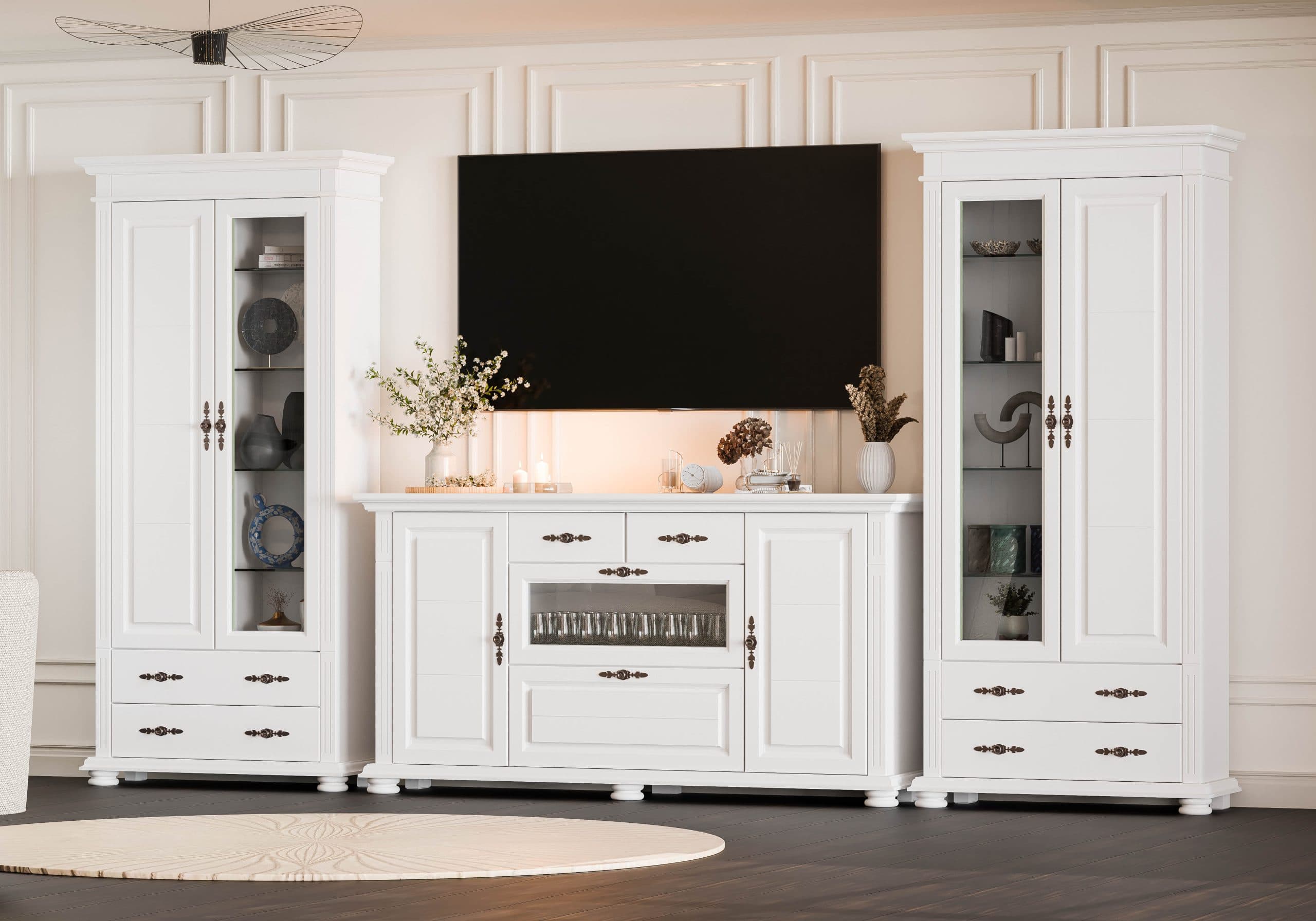 Massivholz-Wohnzimmer Skagen mit 2 Vitrinen und Kommode