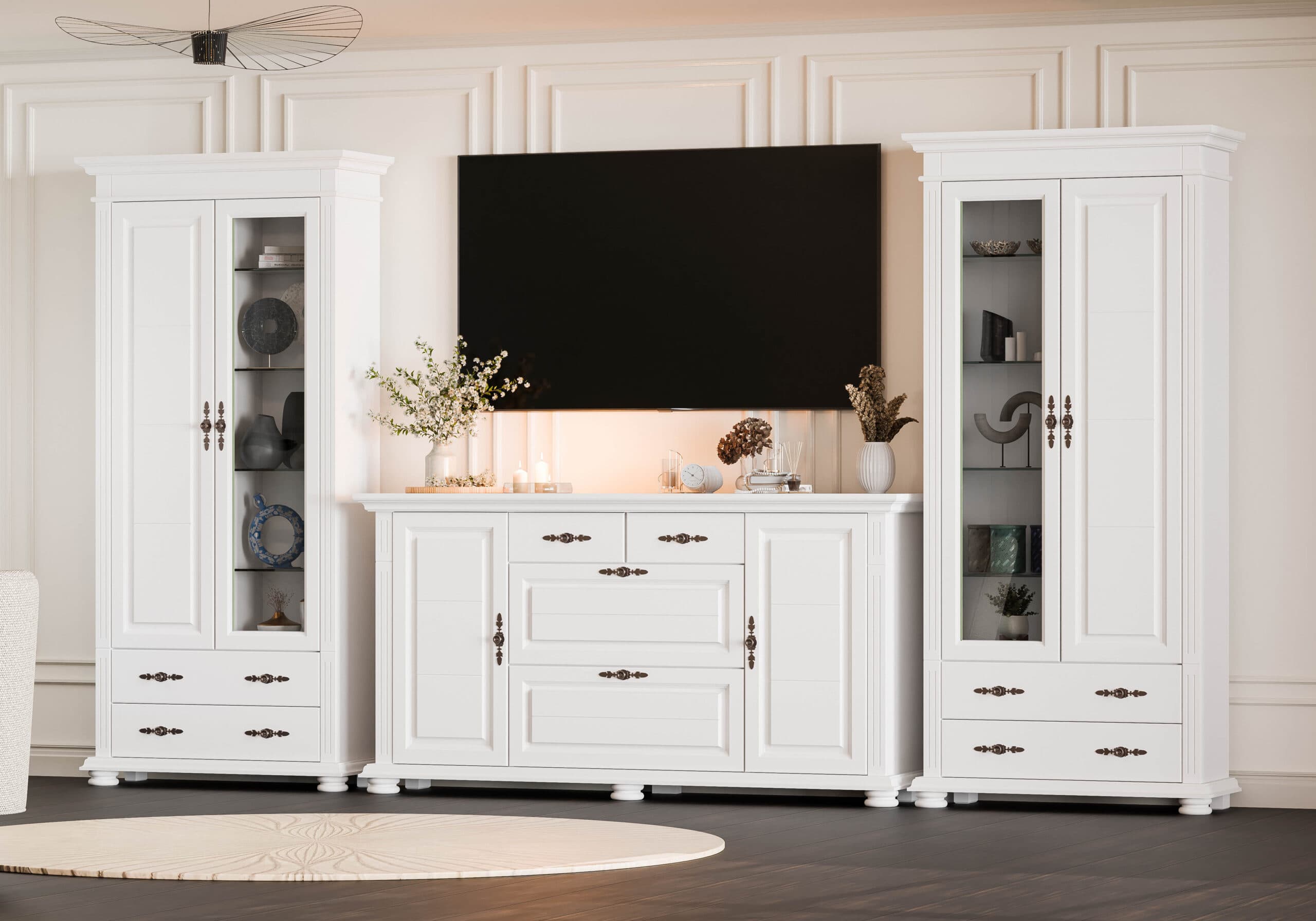 Massivholz-Wohnzimmer Skagen mit 2 Vitrinen und Kommode