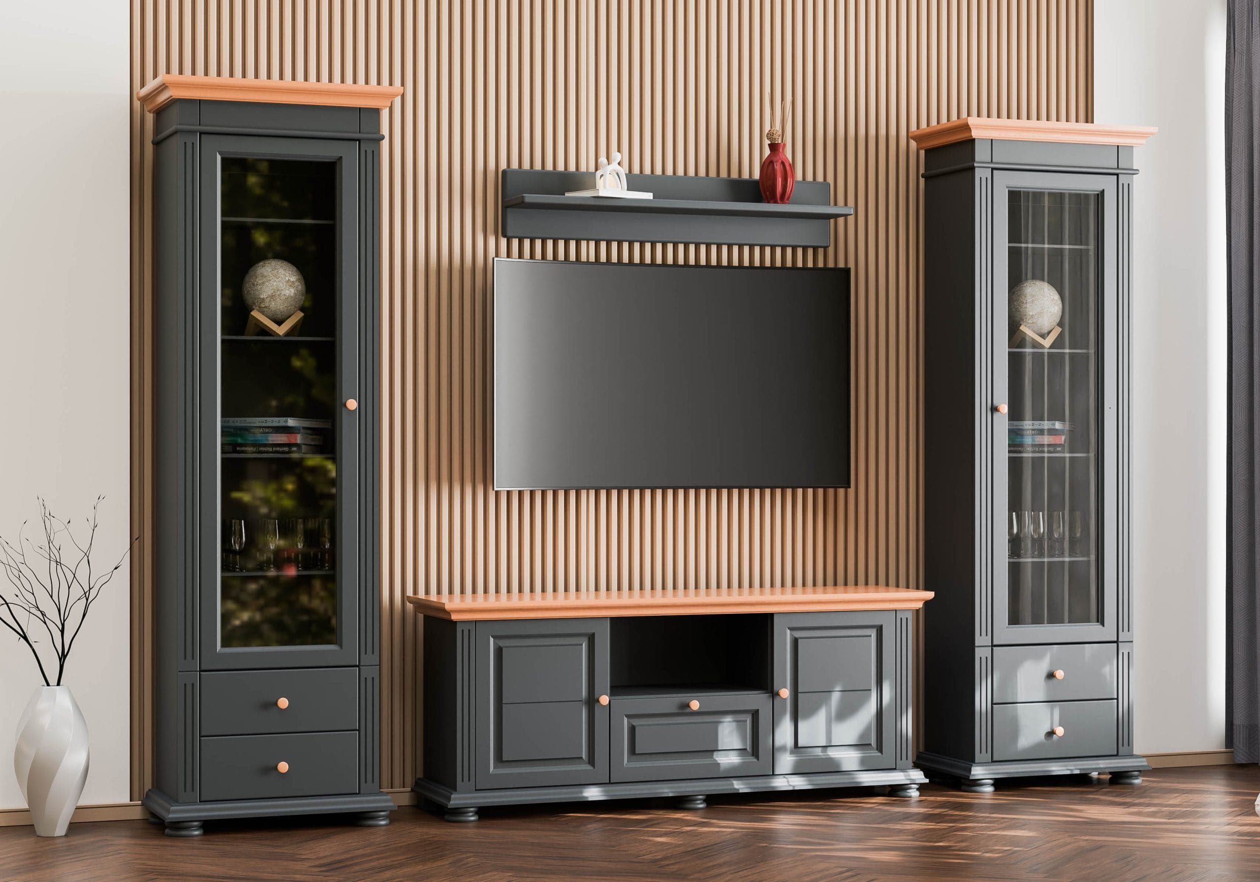 Wohnzimmer-Set Skagen 11 aus Massivholz mit Vitrinen