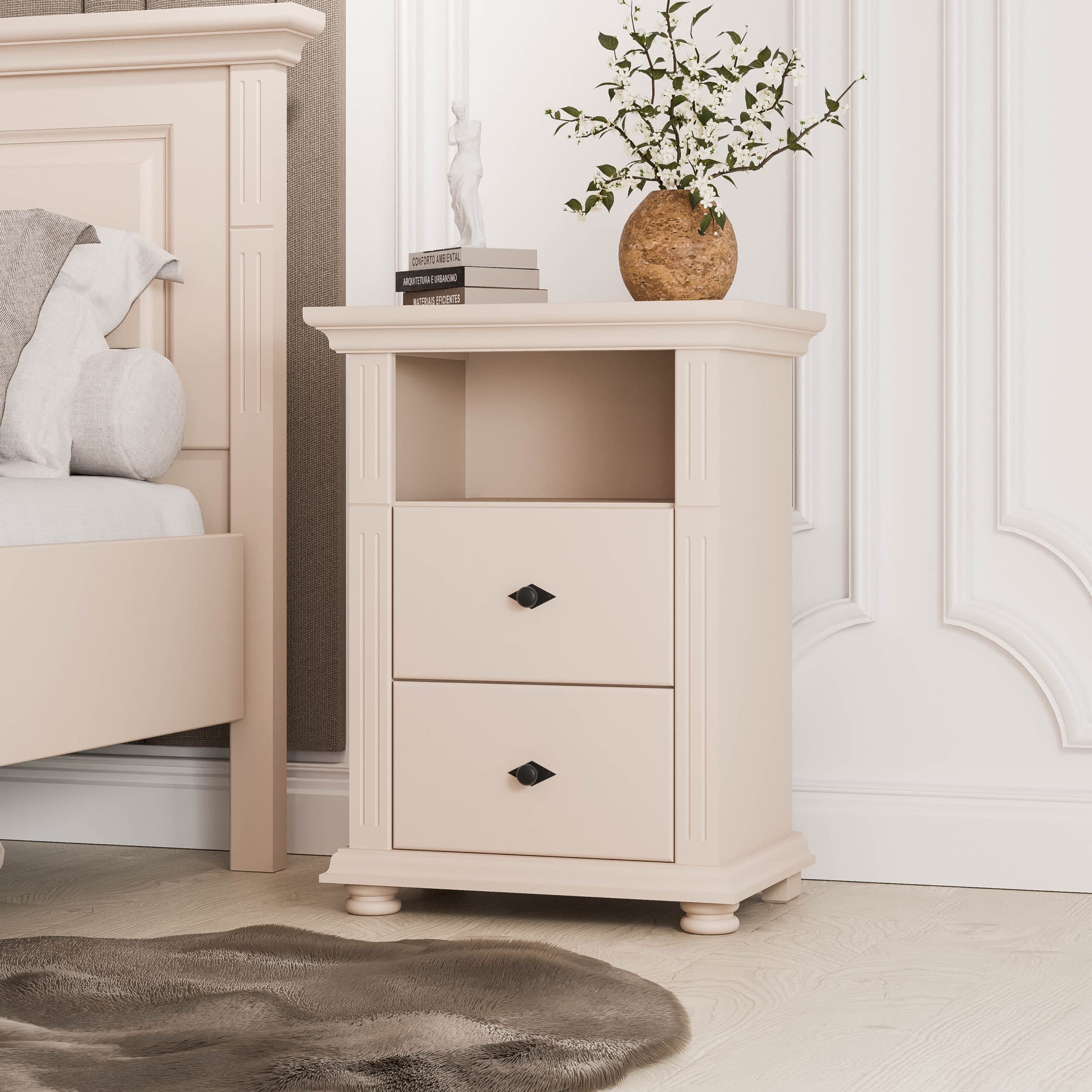 Hoher Nachttisch Skagen aus Massivholz in Puderbeige
