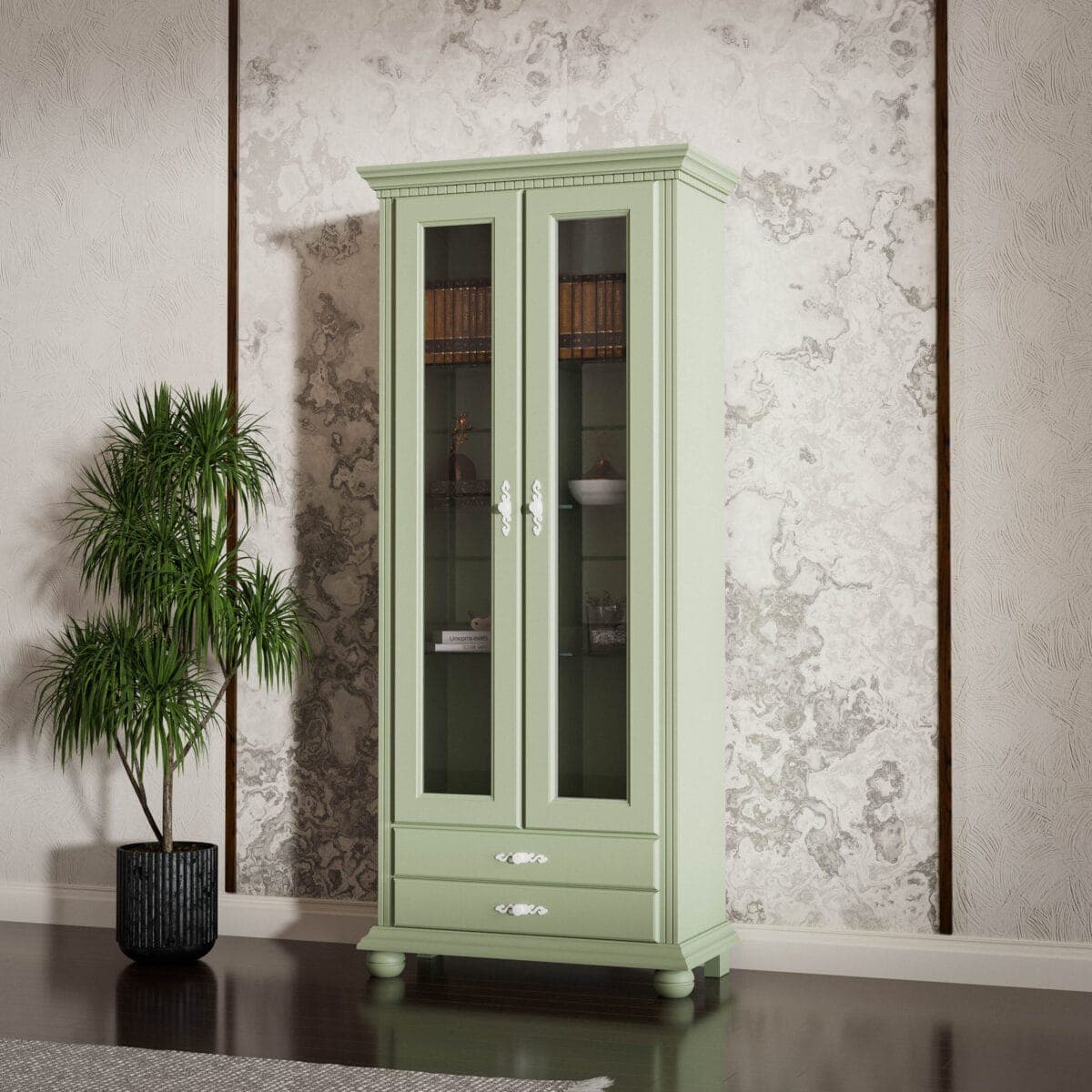 Massivholz-Vitrine „Fjord 3“ mit Glastüren in Salbei