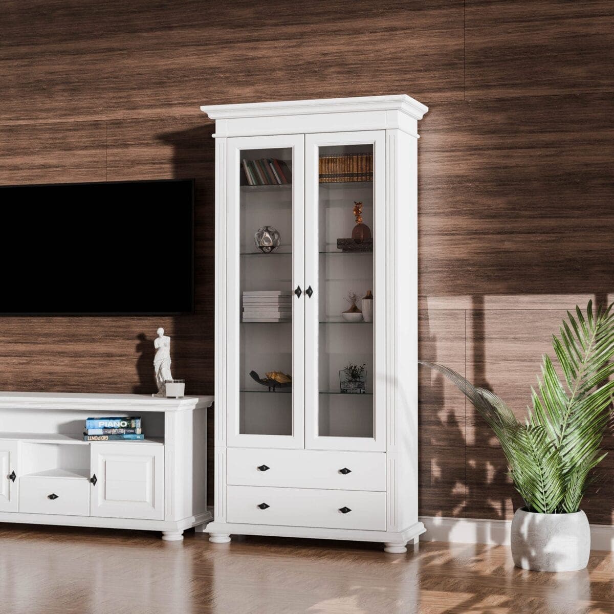 Große Massivholz-Vitrine Skagen mit Glastüren
