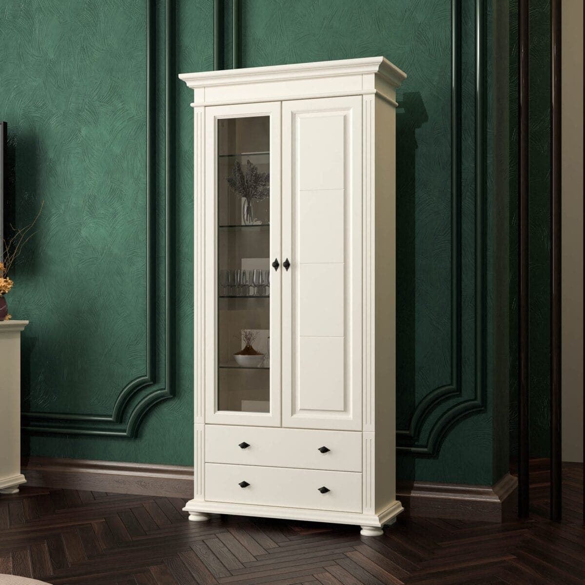 Große Vitrine „Skagen“ aus Massivholz, Vanille