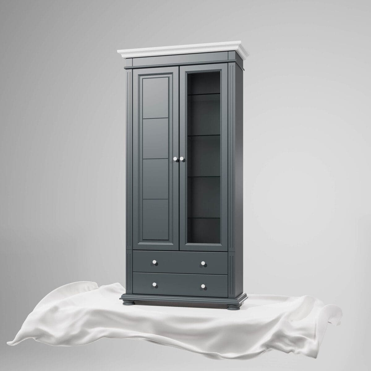 Große Vitrine Skagen mit Glastür aus Massivholz, Anthrazit