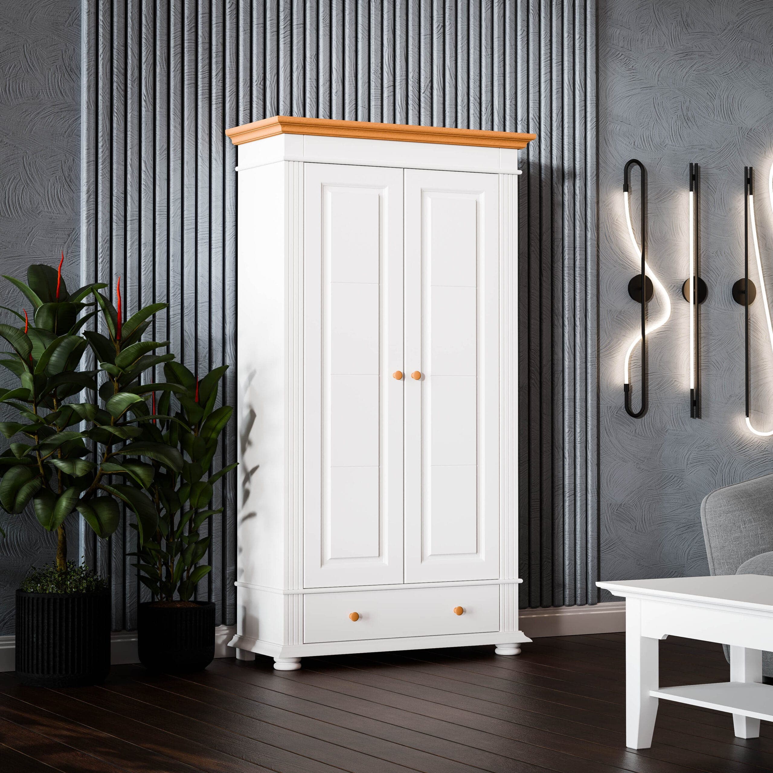 2-türiger Massivholzschrank Skagen mit Kleiderstange und Regalböden